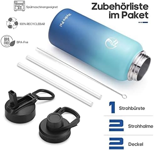 HydroPal Edelstahl Trinkflasche - Isolierte Flasche mit Strohhalm & 2 Deckeln, Auslaufsichere Isolierung für Sport, 500m
