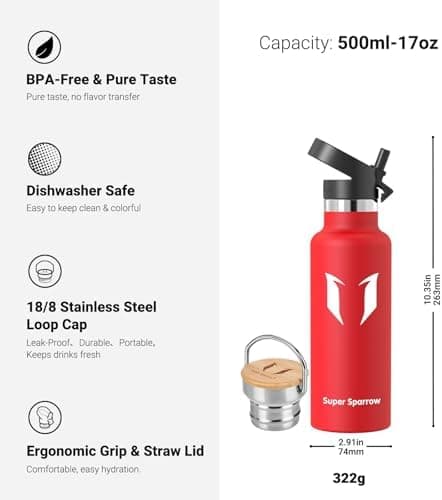 Super Sparrow Trinkflasche Edelstahl - Auslaufsicher Thermoskanne - Kinder für Sprudel, Sport, Schule, Fitness - 500ml -