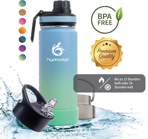 hydro2go Edelstahl Trinkflasche Mit Strohhalm, Bpa-Frei, Isolierflasche Für Kinder, Sport & Outdoor, 12h Heiß 24h Kalt H