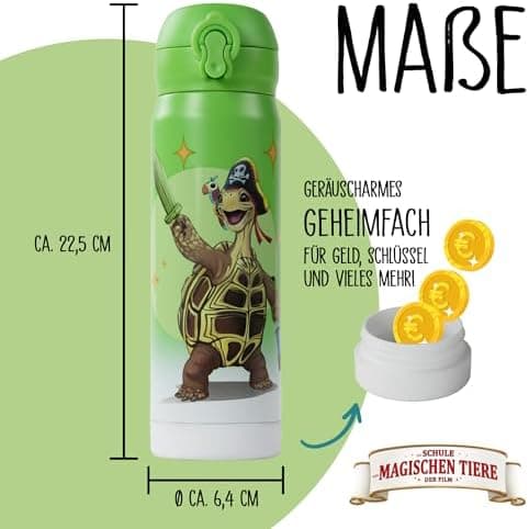 AWAVE Schule Magische Tiere Trinkflasche Kinder Edelstahl 380ml Blau Kohlensäure geeignet Thermosflasche Juri Einhandöff