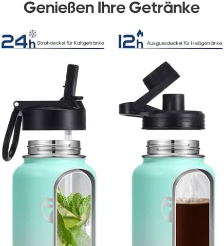HydroPal Edelstahl Trinkflasche - Isolierte Flasche mit Strohhalm & 2 Deckeln, Auslaufsichere Isolierung für Sport, 500m