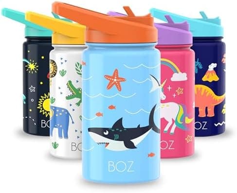 BOZ Isolierte Wasserflasche für Kinder | Edelstahl, doppelwandig, 414 ml | Praktisch und bequem mit Strohhalm-Deckel