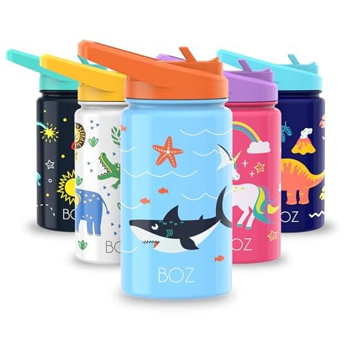 BOZ Isolierte Wasserflasche für Kinder | Edelstahl, doppelwandig, 414 ml | Praktisch und bequem mit Strohhalm-Deckel