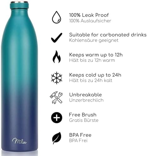 Milu Edelstahl Trinkflasche für Erwachsene – 750ml Isolierflasche zum Tragen – auslaufsicher, Kohlensäuregerecht inkl. R