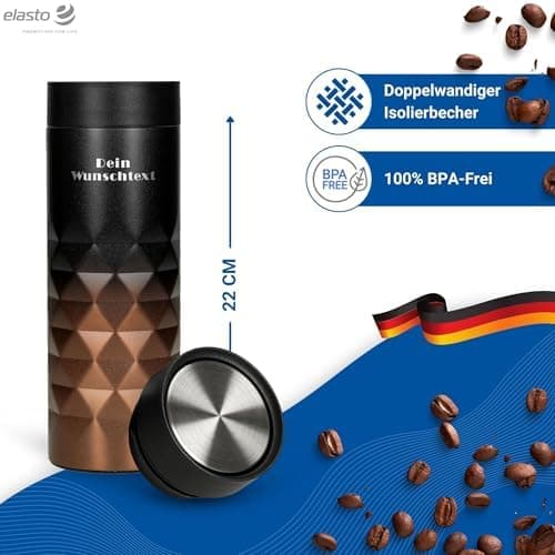 Thermobecher personalisiert 450 ml - auslaufsicherer Edelstahl to go Becher - Kaffeebecher für Büro, Auto und Uni - hält