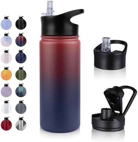 Edelstahl Trinkflasche - 1L - mit Strohhalm, BPA frei Thermosflasche,Vakuum Doppelwandisolierung für Sport,Schule und Fa