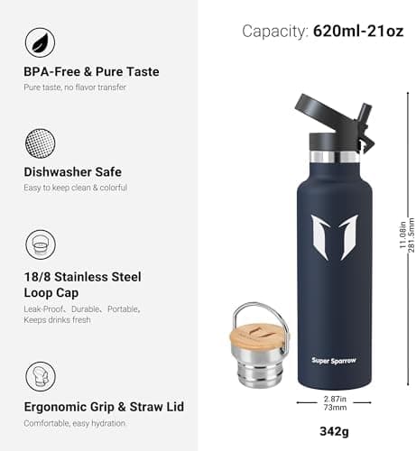 Super Sparrow Trinkflasche Edelstahl - Auslaufsicher Thermoskanne - Kinder für Sprudel, Sport, Schule, Fitness - 500ml -