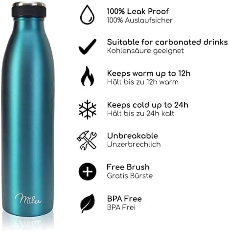 Milu Edelstahl Trinkflasche für Erwachsene – 750ml Isolierflasche zum Tragen – auslaufsicher, Kohlensäuregerecht inkl. R