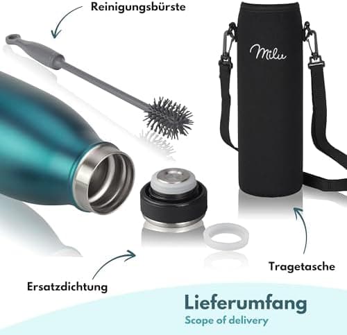Milu Edelstahl Trinkflasche für Erwachsene – 750ml Isolierflasche zum Tragen – auslaufsicher, Kohlensäuregerecht inkl. R