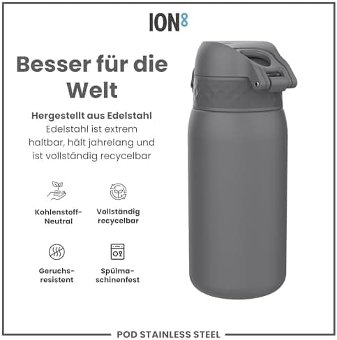 ion8 Kinder Trinkflasche Edelstahl 400ml Nicht Isoliert Sichere Verriegelung Spülmaschinenfest Klappdeckel Leicht zu Rei