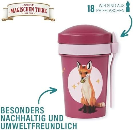 AWAVE Müslibecher To Go - Magische Tiere Schule 540 ml rPET Grün Henrietta, Joghurt-Früchte-Suppe Becher mit Löffel, Aus