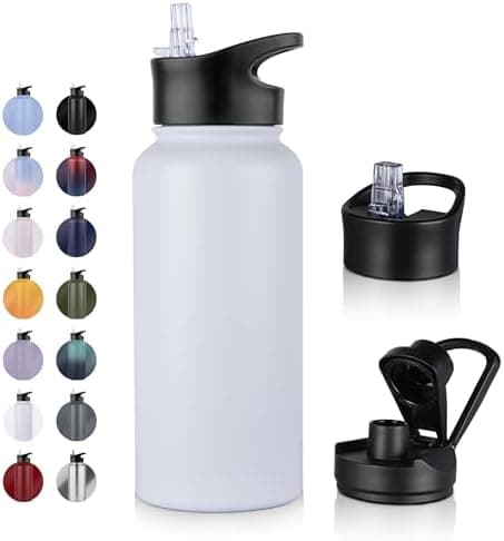 Edelstahl Trinkflasche - 1L - mit Strohhalm, BPA frei Thermosflasche,Vakuum Doppelwandisolierung für Sport,Schule und Fa