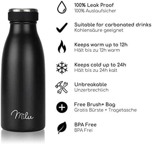Milu Edelstahl Trinkflasche für Erwachsene – 750ml Isolierflasche zum Tragen – auslaufsicher, Kohlensäuregerecht inkl. R