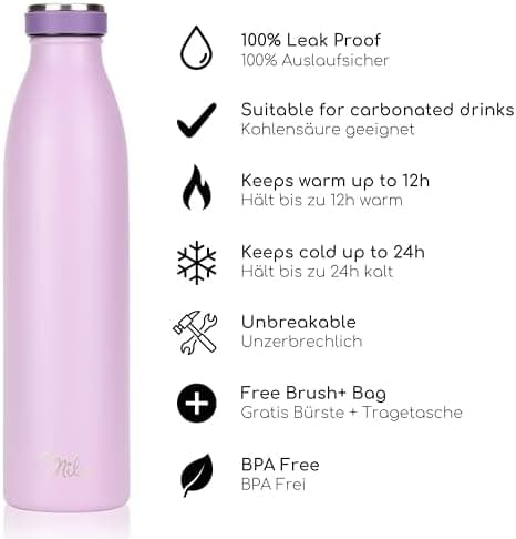Milu Edelstahl Trinkflasche für Erwachsene – 750ml Isolierflasche zum Tragen – auslaufsicher, Kohlensäuregerecht inkl. R