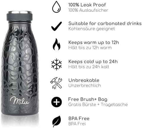 Milu Edelstahl Trinkflasche für Erwachsene – 750ml Isolierflasche zum Tragen – auslaufsicher, Kohlensäuregerecht inkl. R
