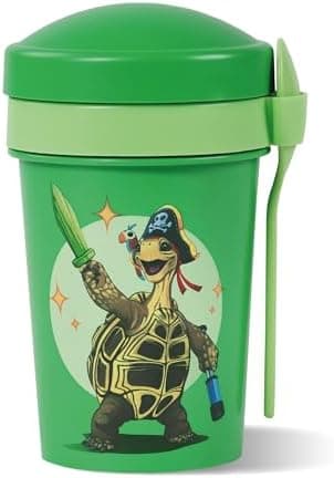 AWAVE Müslibecher To Go - Magische Tiere Schule 540 ml rPET Grün Henrietta, Joghurt-Früchte-Suppe Becher mit Löffel, Aus