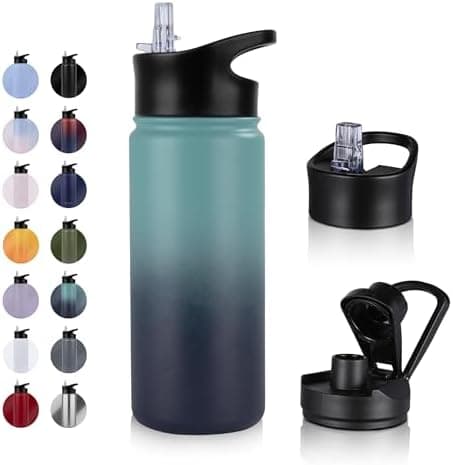 Edelstahl Trinkflasche - 1L - mit Strohhalm, BPA frei Thermosflasche,Vakuum Doppelwandisolierung für Sport,Schule und Fa