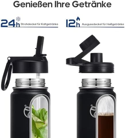 HydroPal Edelstahl Trinkflasche - Isolierte Flasche mit Strohhalm & 2 Deckeln, Auslaufsichere Isolierung für Sport, 500m