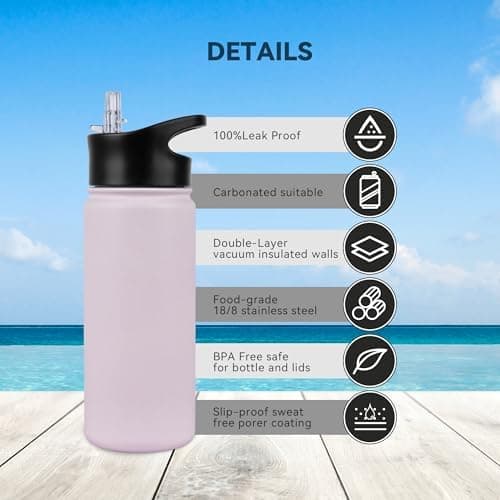 Edelstahl Trinkflasche - 1L - mit Strohhalm, BPA frei Thermosflasche,Vakuum Doppelwandisolierung für Sport,Schule und Fa