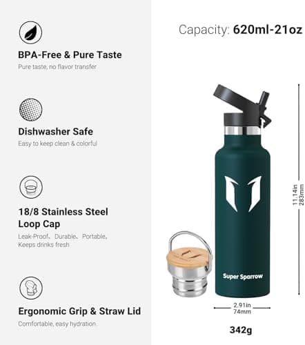 Super Sparrow Trinkflasche Edelstahl - Auslaufsicher Thermoskanne - Kinder für Sprudel, Sport, Schule, Fitness - 500ml -