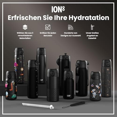 ion8 Leicht Stahl-Trinkflasche, 600 ml, Auslaufsicher, EineHandöffnung, Verriegelungsfunktion, Spülmaschinenfest, Klappd