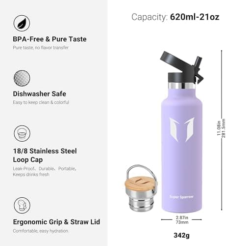Super Sparrow Trinkflasche Edelstahl - Auslaufsicher Thermoskanne - Kinder für Sprudel, Sport, Schule, Fitness - 500ml -