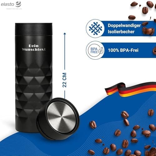Thermobecher personalisiert 450 ml - auslaufsicherer Edelstahl to go Becher - Kaffeebecher für Büro, Auto und Uni - hält
