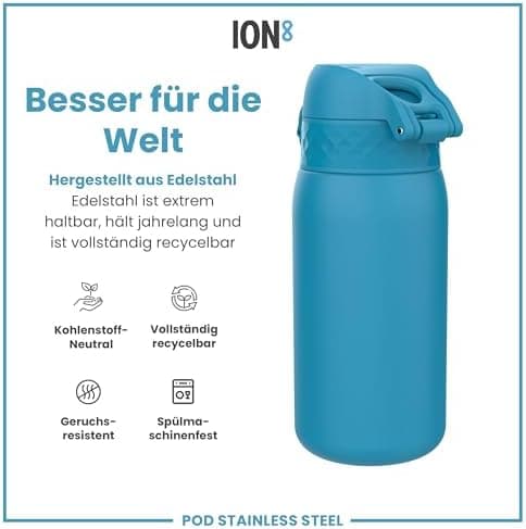 ion8 Kinder Trinkflasche Edelstahl 400ml Nicht Isoliert Sichere Verriegelung Spülmaschinenfest Klappdeckel Leicht zu Rei