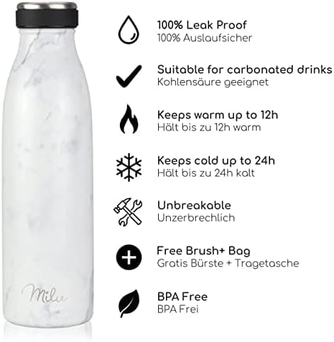 Milu Edelstahl Trinkflasche für Erwachsene – 750ml Isolierflasche zum Tragen – auslaufsicher, Kohlensäuregerecht inkl. R