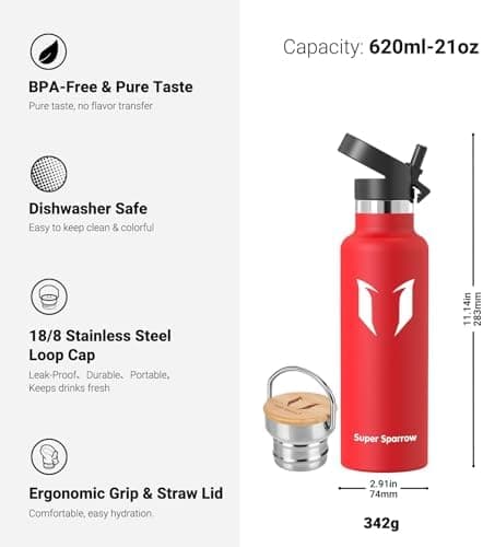 Super Sparrow Trinkflasche Edelstahl - Auslaufsicher Thermoskanne - Kinder für Sprudel, Sport, Schule, Fitness - 500ml -
