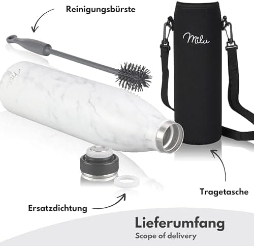 Milu Edelstahl Trinkflasche für Erwachsene – 750ml Isolierflasche zum Tragen – auslaufsicher, Kohlensäuregerecht inkl. R