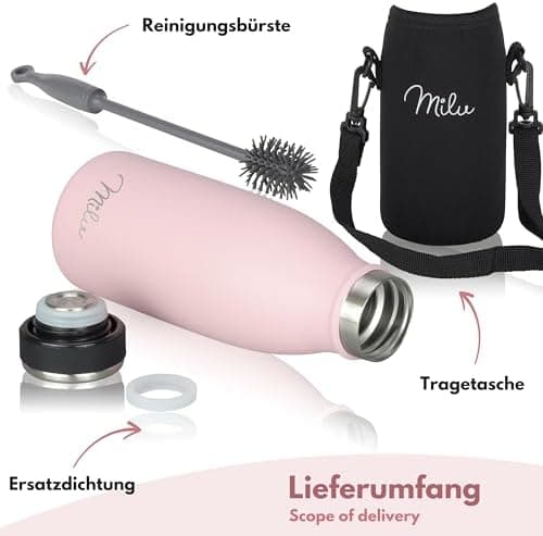 Milu Edelstahl Trinkflasche für Erwachsene – 750ml Isolierflasche zum Tragen – auslaufsicher, Kohlensäuregerecht inkl. R