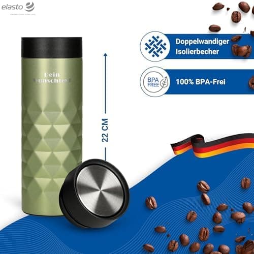 Thermobecher personalisiert 450 ml - auslaufsicherer Edelstahl to go Becher - Kaffeebecher für Büro, Auto und Uni - hält