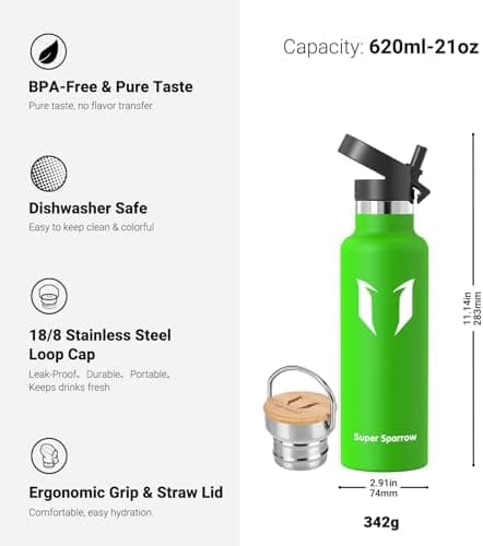 Super Sparrow Trinkflasche Edelstahl - Auslaufsicher Thermoskanne - Kinder für Sprudel, Sport, Schule, Fitness - 500ml -