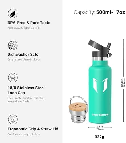 Super Sparrow Trinkflasche Edelstahl - Auslaufsicher Thermoskanne - Kinder für Sprudel, Sport, Schule, Fitness - 500ml -