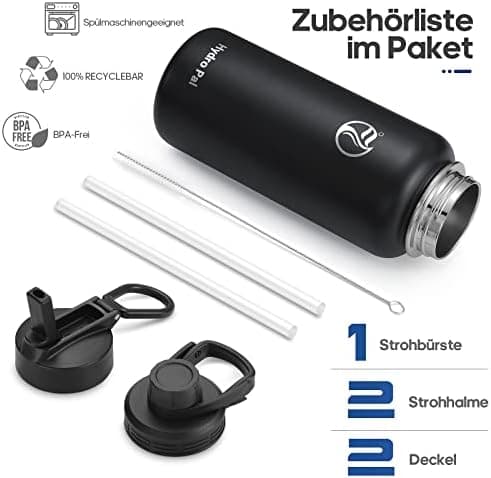 HydroPal Edelstahl Trinkflasche - Isolierte Flasche mit Strohhalm & 2 Deckeln, Auslaufsichere Isolierung für Sport, 500m