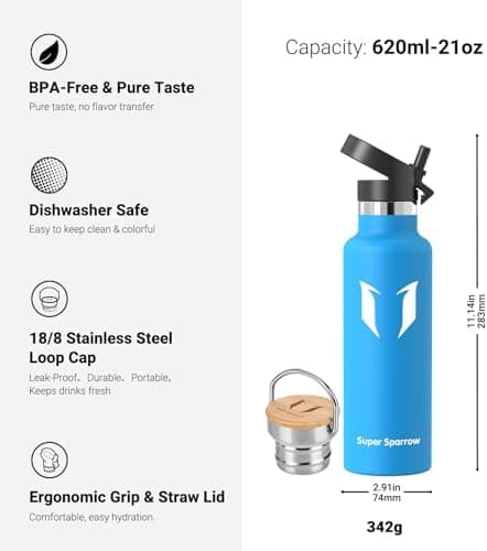 Super Sparrow Trinkflasche Edelstahl - Auslaufsicher Thermoskanne - Kinder für Sprudel, Sport, Schule, Fitness - 500ml -