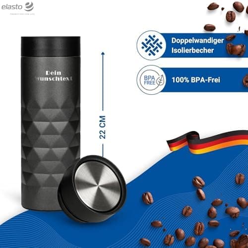 Thermobecher personalisiert 450 ml - auslaufsicherer Edelstahl to go Becher - Kaffeebecher für Büro, Auto und Uni - hält