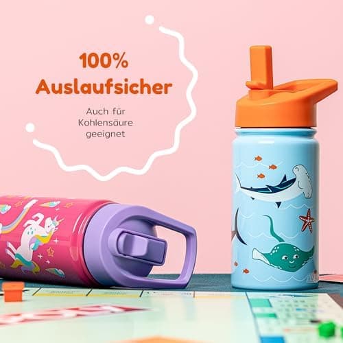 BOZ Isolierte Wasserflasche für Kinder | Edelstahl, doppelwandig, 414 ml | Praktisch und bequem mit Strohhalm-Deckel