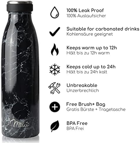Milu Edelstahl Trinkflasche für Erwachsene – 750ml Isolierflasche zum Tragen – auslaufsicher, Kohlensäuregerecht inkl. R