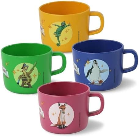 AWAVE Kinder Tasse Set | 4-teilig | 250 ml rPET Henkelbecher | Fuchs Rabbat Pinguin Juri Schildkröte Henrietta Chamäleon