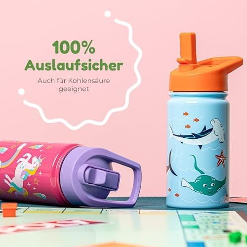 BOZ Isolierte Wasserflasche für Kinder | Edelstahl, doppelwandig, 414 ml | Praktisch und bequem mit Strohhalm-Deckel