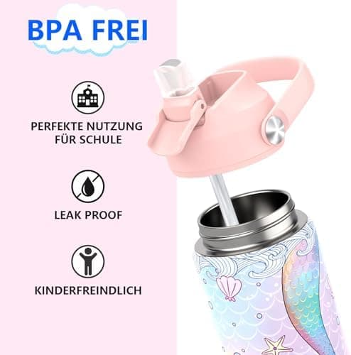 Edelstahl Trinkflasche Meeresjungfrau 550ml BPA Frei Auslaufsicher Thermosflaschefür Kinder und Erwachsene - Sport, Schu