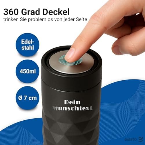 Thermobecher personalisiert 450 ml - auslaufsicherer Edelstahl to go Becher - Kaffeebecher für Büro, Auto und Uni - hält