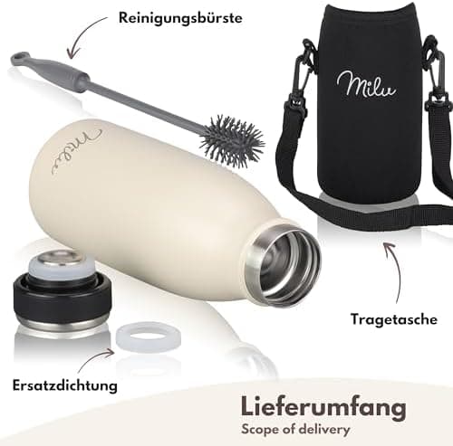 Milu Edelstahl Trinkflasche für Erwachsene – 750ml Isolierflasche zum Tragen – auslaufsicher, Kohlensäuregerecht inkl. R