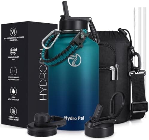 HydroPal Edelstahl Trinkflasche - Isolierte Flasche mit Strohhalm & 2 Deckeln, Auslaufsichere Isolierung für Sport, 500m