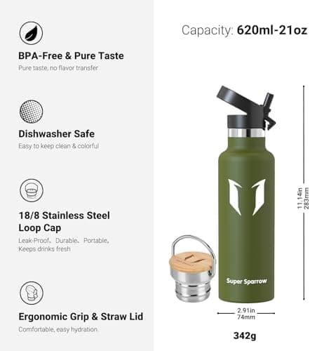Super Sparrow Trinkflasche Edelstahl - Auslaufsicher Thermoskanne - Kinder für Sprudel, Sport, Schule, Fitness - 500ml -