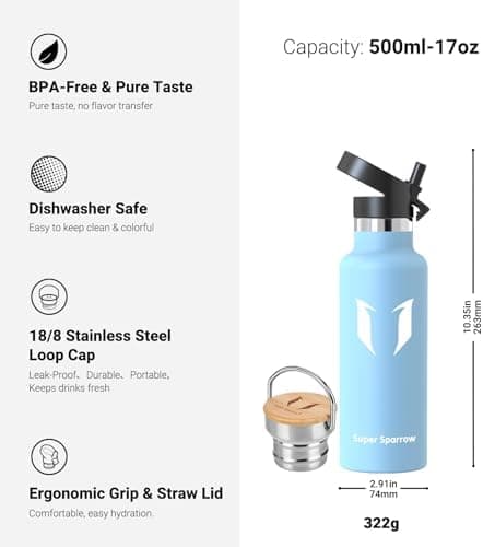 Super Sparrow Trinkflasche Edelstahl - Auslaufsicher Thermoskanne - Kinder für Sprudel, Sport, Schule, Fitness - 500ml -