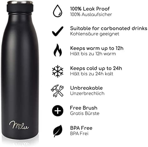 Milu Edelstahl Trinkflasche für Erwachsene – 750ml Isolierflasche zum Tragen – auslaufsicher, Kohlensäuregerecht inkl. R