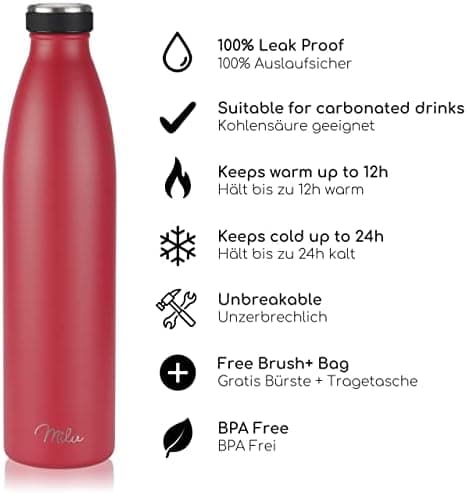 Milu Edelstahl Trinkflasche für Erwachsene – 750ml Isolierflasche zum Tragen – auslaufsicher, Kohlensäuregerecht inkl. R